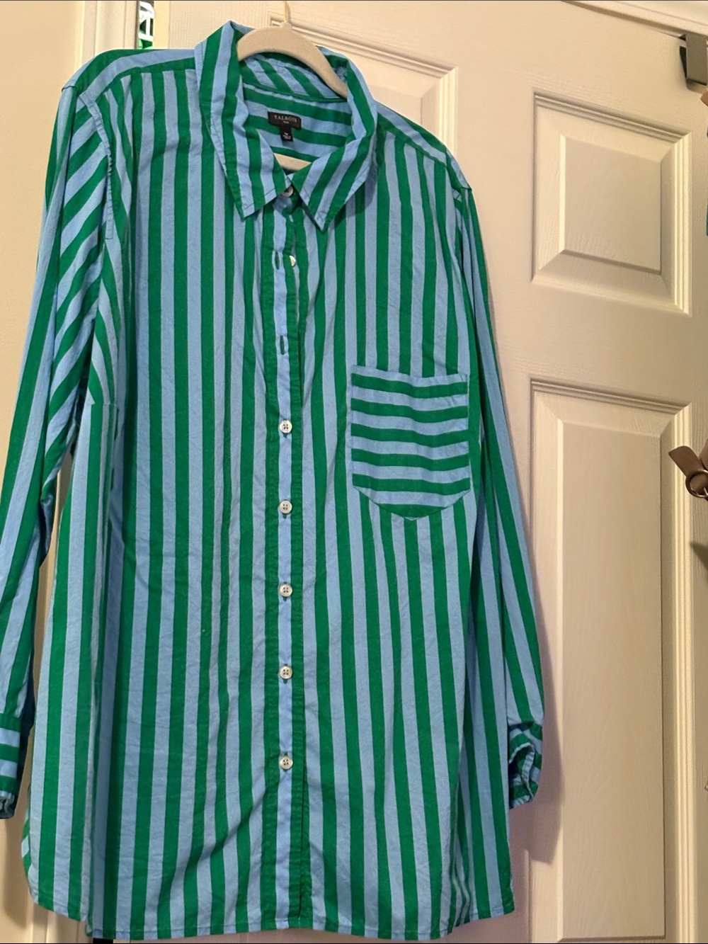 Talbots Green and Light Blue Vertical Stripe Button-Up Blouse